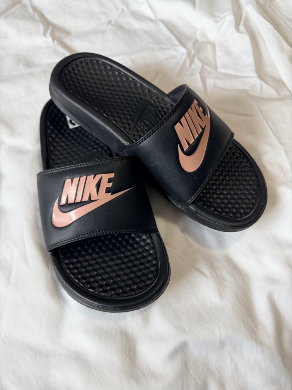 Nike Black Slides with Rose Gold Logo Size 7